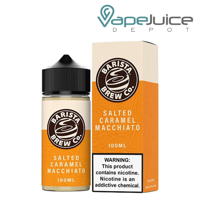 A 100ml bottle of Salted Caramel Macchiato Barista Brew Co and a box with a warning sign next to it - Vape Juice Depot