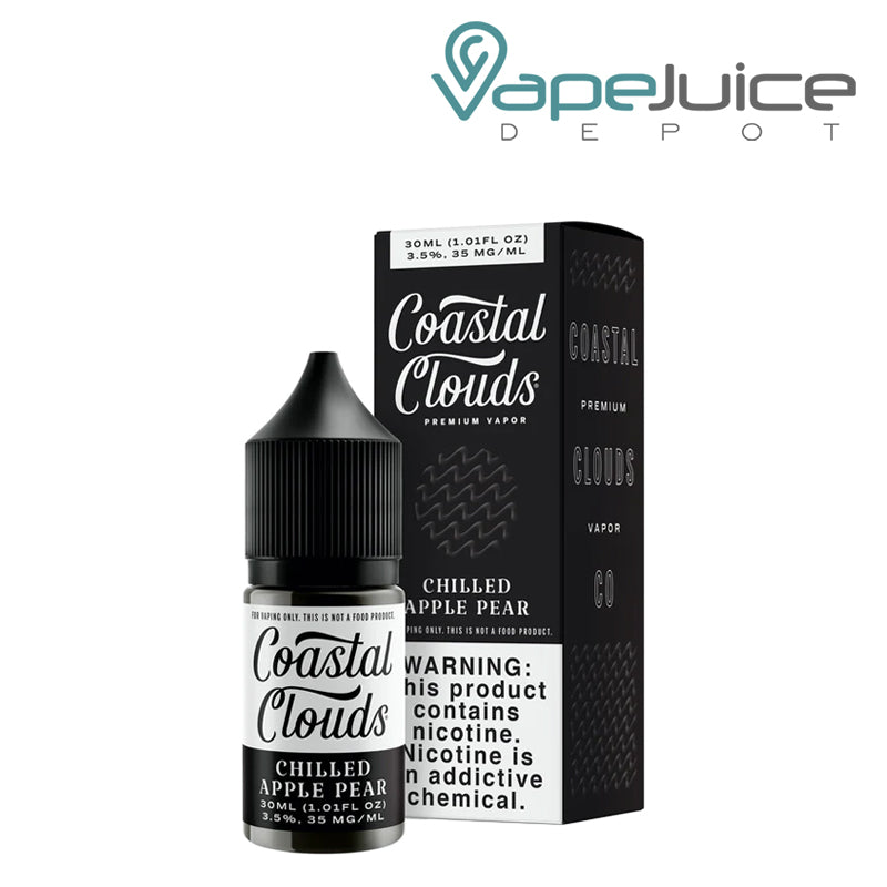 A 30ml bottle of Saltwater Chilled Apple Pear Coastal Clouds and a box with a warning sign next to it - Vape Juice Depot