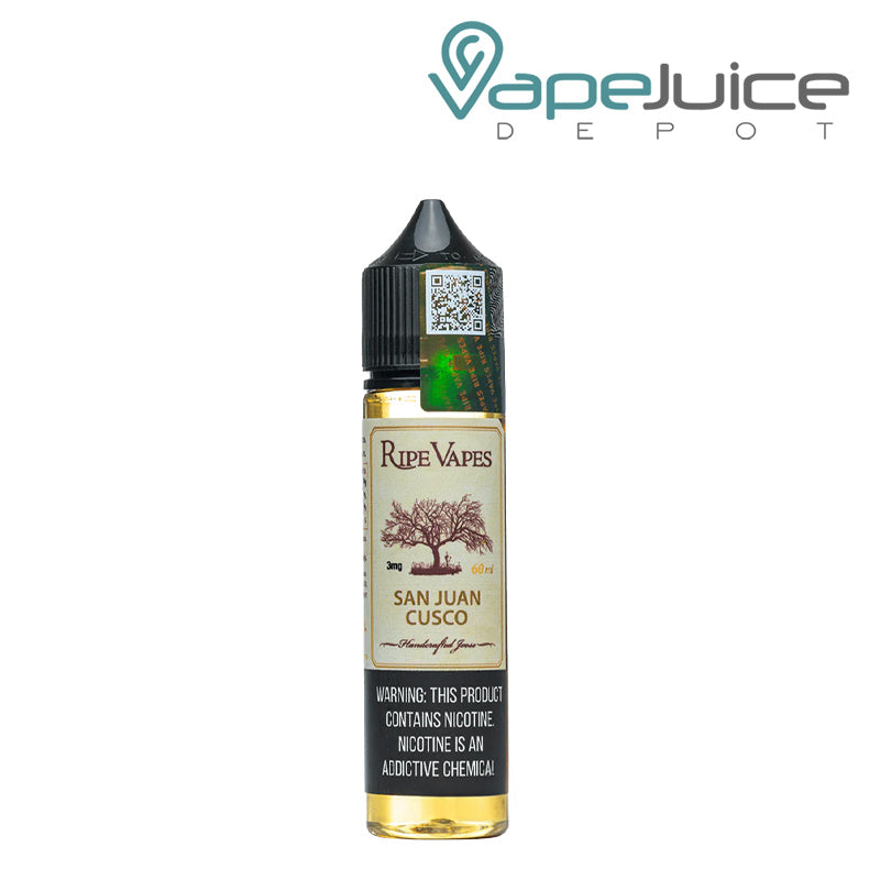 A 60ml bottle of San Juan Cusco Ripe Vapes with a warning sign - Vape Juice Depot
