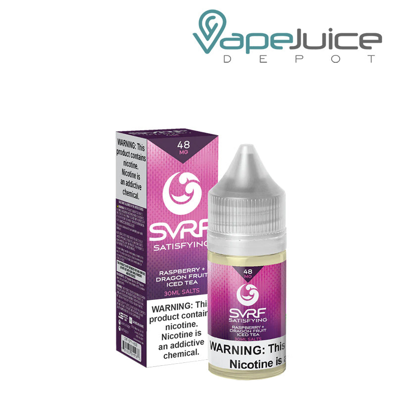 A box of Satisfying SVRF Salt eLiquid with a warning sign and a 30ml bottle next to it - Vape Juice Depot
