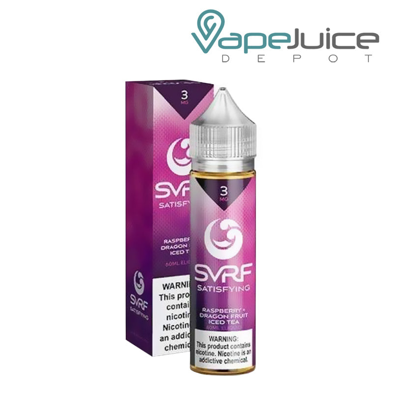 A box of Satisfying SVRF eLiquid and a 60ml bottle with a warning sign next to it - Vape Juice Depot