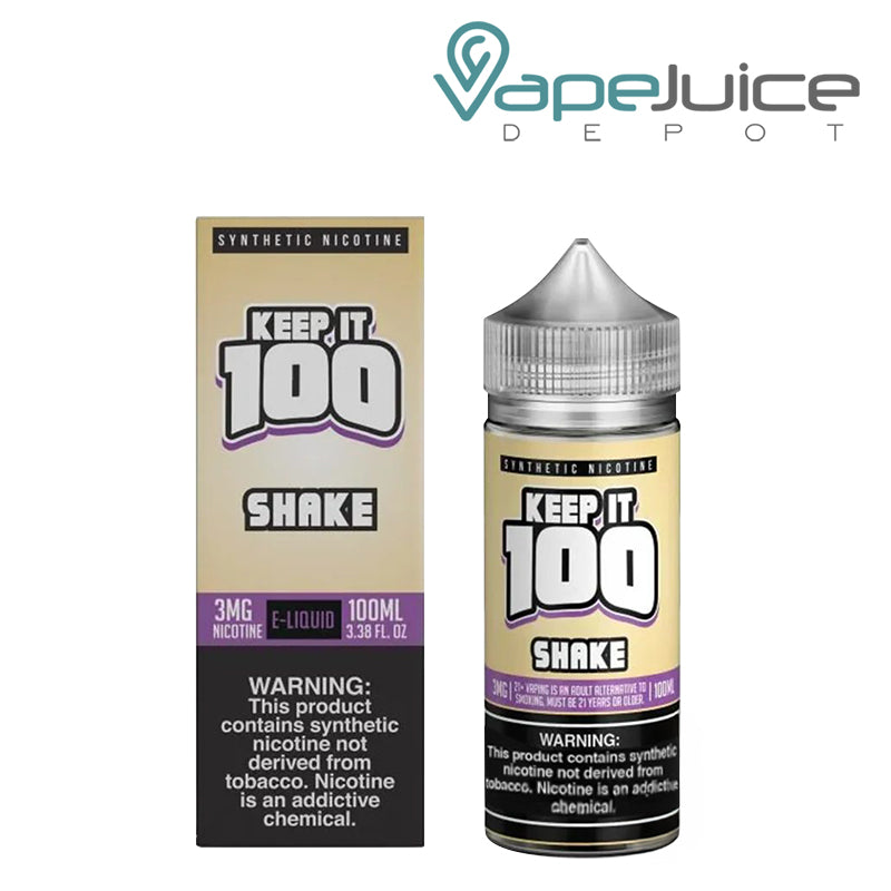 A Box of Shake Keep it 100 TFN eLiquid with a warning sign and a 100ml bottle next to it - Vape Juice Depot