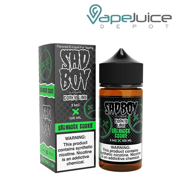 A box of Shamrock Cookie SadBoy eLiquid with a warning sign and a 100ml bottle next to it - Vape Juice Depot