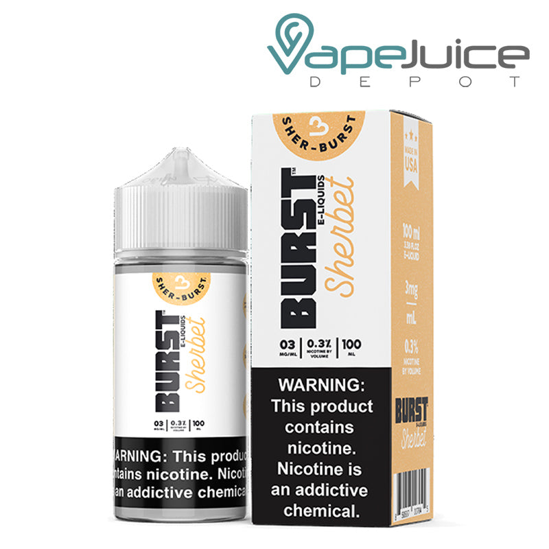 A 100ml bottle of Sherbet Burst eLiquid and a box with a warning sign next to it - Vape Juice Depot