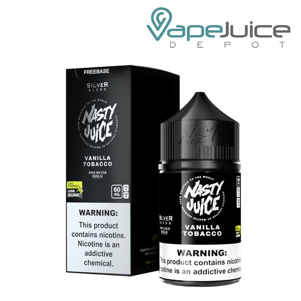 A box of Silver Blend Nasty Juice with a warning sign and a 60ml bottle next to it - Vape Juice Depot