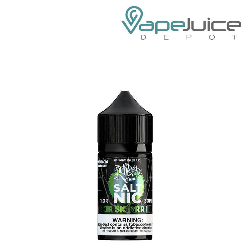 A 30ml bottle of Skir Skirr On Ice Ruthless Salt Nic with a warning sign - Vape Juice Depot