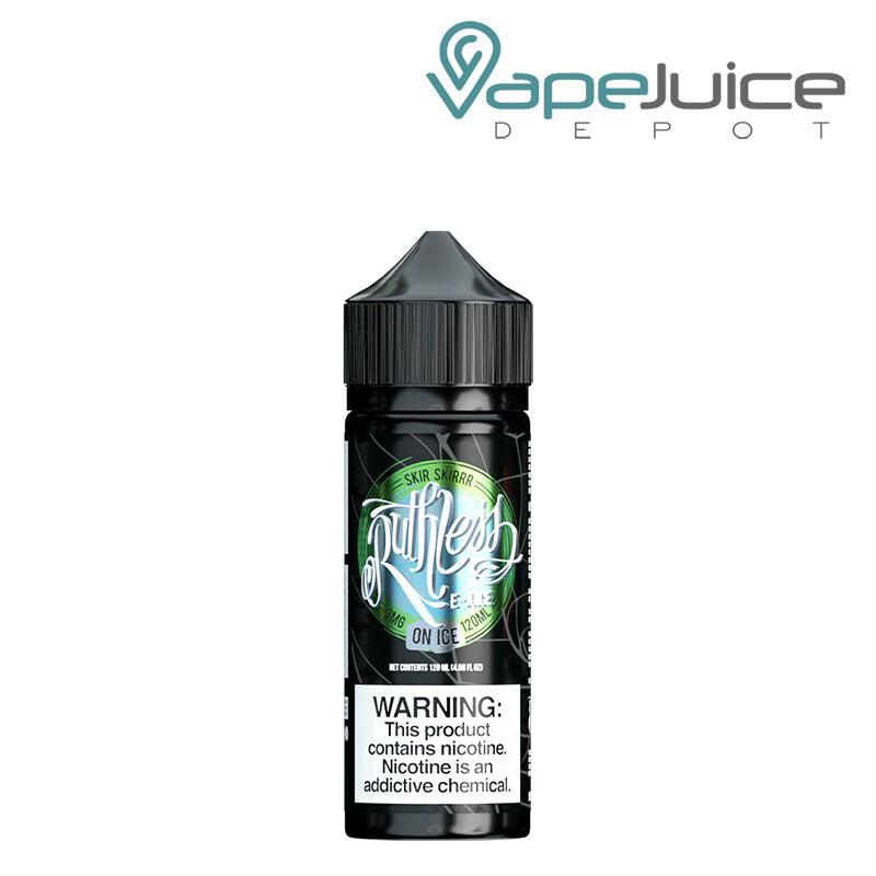 A 120ml bottle of Skir Skirrr On Ice Ruthless Vapor with a warning sign - Vape Juice Depot