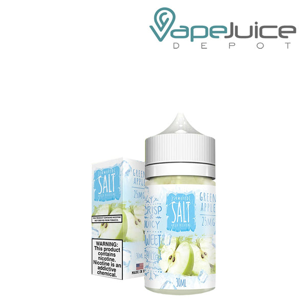 A box of Skwezed Ice Salt Green Apple eLiquid with a warning sign and a 30ml bottle next to it - Vape Juice Depot