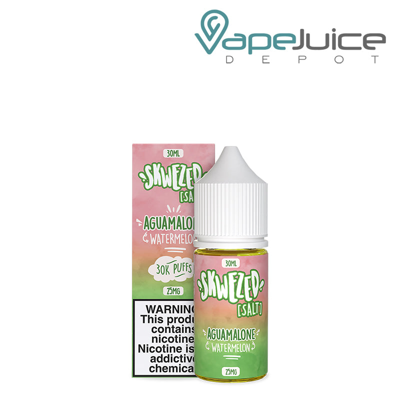 A box of Aguamalone Skwezed Salt eLiquid with a warning sign and a 30ml bottle next to it - Vape Juice Depot