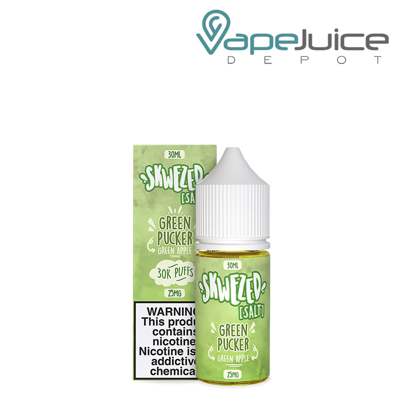 A box of Green Pucker Skwezed Salt with a warning sign and a 30ml bottle next to it - Vape Juice Depot