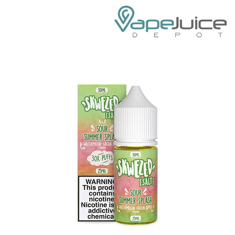 A box of Sour Summer Splash Skwezed Salt with a warning sign and a 30ml bottle next to it - Vape Juice Depot