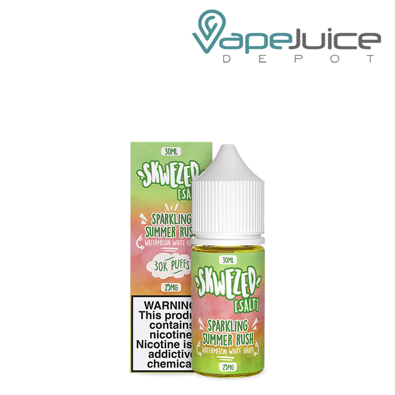 A box of Sparkling Summer Rush Skwezed Salt with a warning sign and a 30ml bottle next to it - Vape Juice Depot