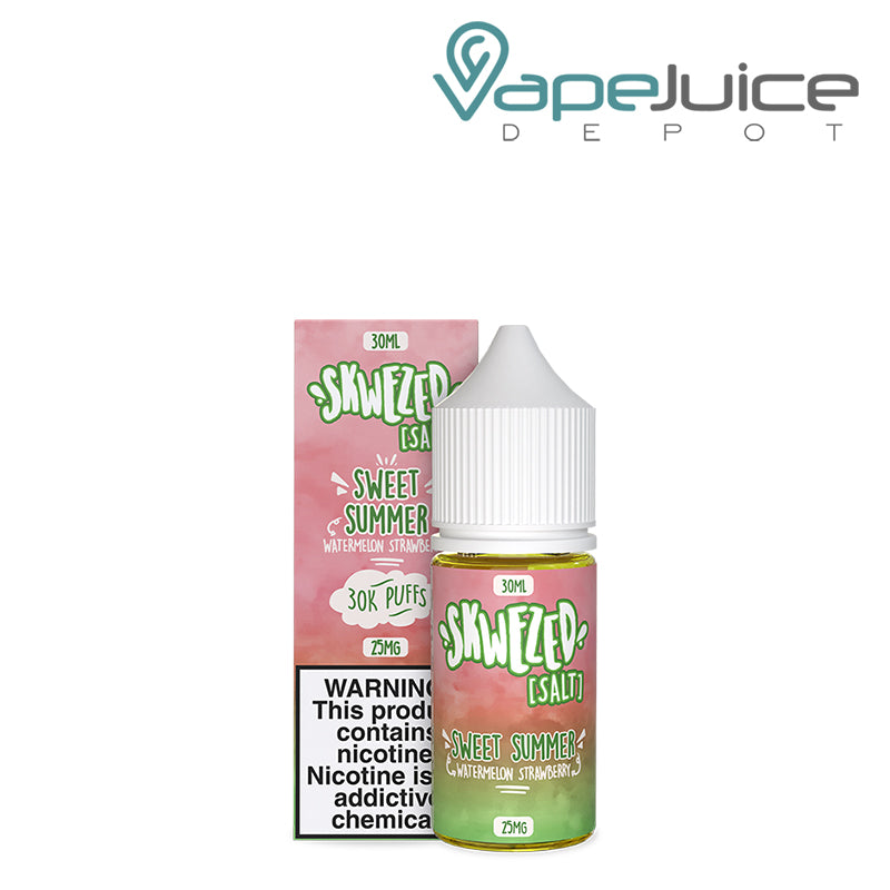 A box of Sweet Summer Strawberry Skwezed Salt with a warning sign and a 30ml bottle next to it - Vape Juice Depot