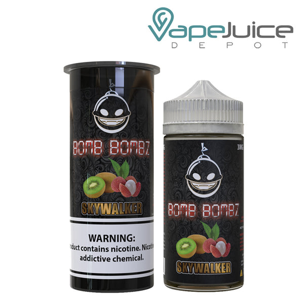 A bottle of Skywalker Bomb Bombz eLiquid with a warning sign and a 100ml bottle next to it - Vape Juice Depot