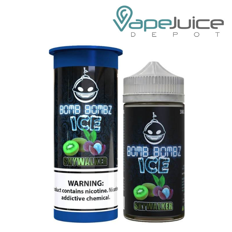 A box of Skywalker ICE Bomb Bombz eLiquid with a warning sign and a 100ml bottle next to it - Vape Juice Depot