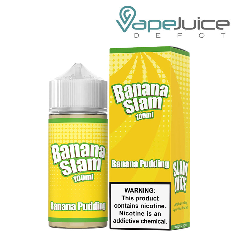 A 100ml bottle of Banana Pudding Banana Slam Juice and a box with a warning sign next to it - Vape Juice Depot