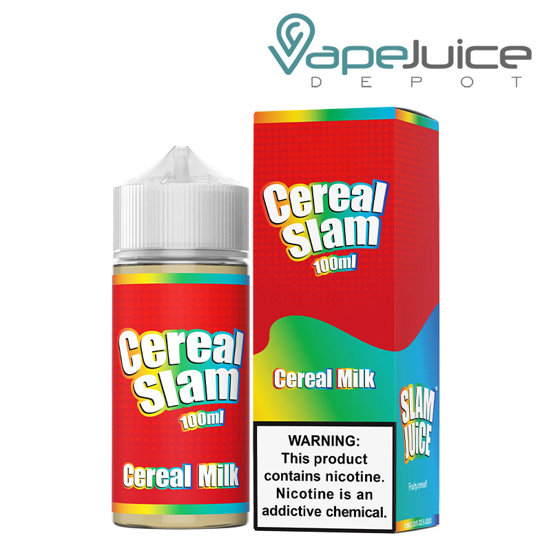 A 100ml bottle of Cereal Milk Cereal Slam Juice and a box with a warning sign next to it - Vape Juice Depot