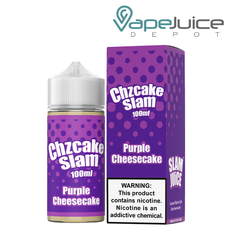 A 100ml bottle of Purple Cheesecake Chzcake Slam Juice and a box with a warning sign next to it - Vape Juice Depot