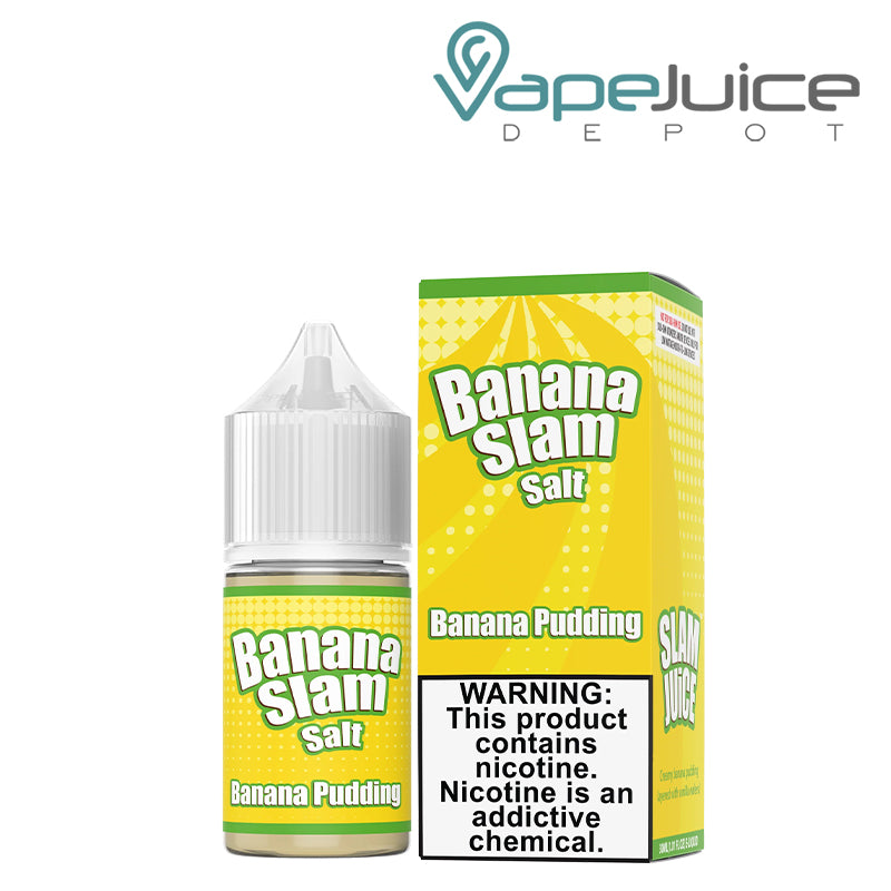 A 30ml bottle of Banana Pudding Banana Slam Salt and a box with a warning sign next to it - Vape Juice Depot