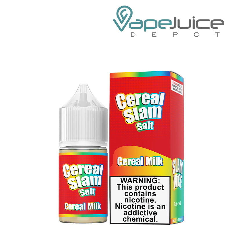 A 30ml bottle of Cereal Milk Cereal Slam Salt and a box with a warning sign next to it - Vape Juice Depot