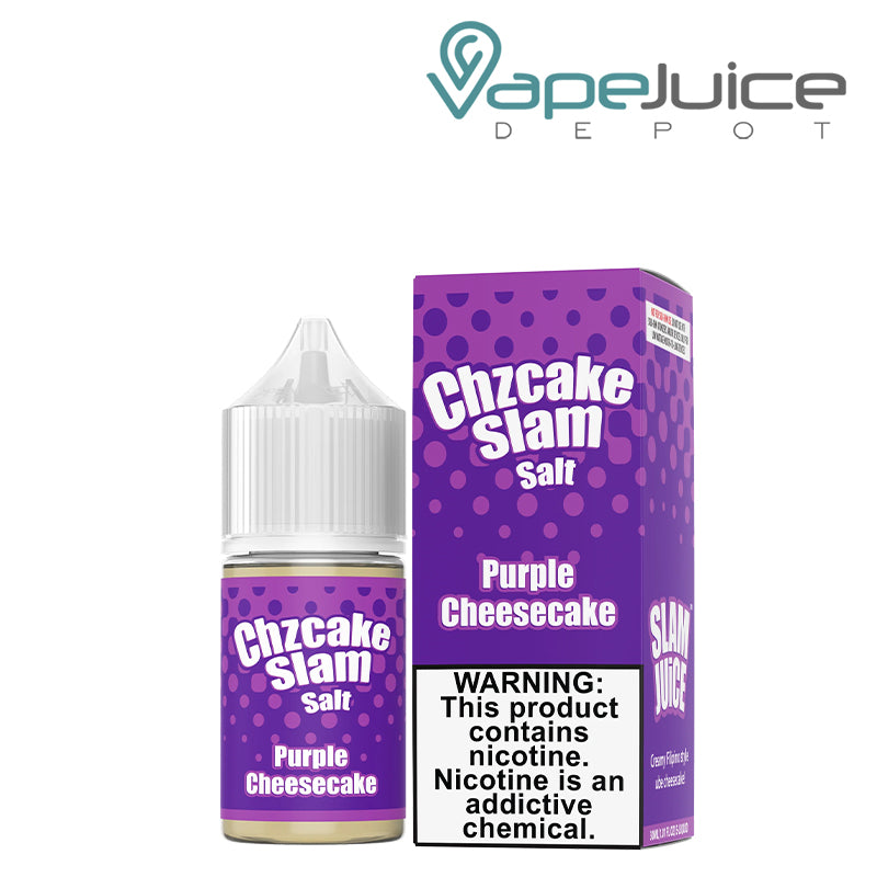 A 30ml bottle of Purple Cheesecake Chzcake Slam Salt and a box with a warning sign next to it - Vape Juice Depot