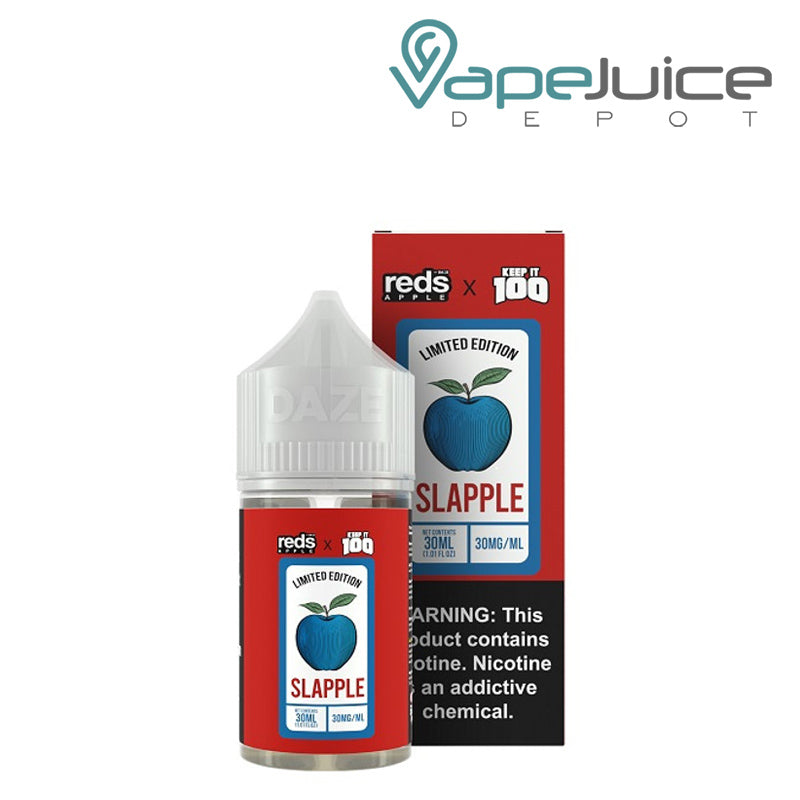 A 30ml bottle of Slapple 7 Daze Reds x Keep It 100 Salt and a box with a warning sign next to it - Vape Juice Depot