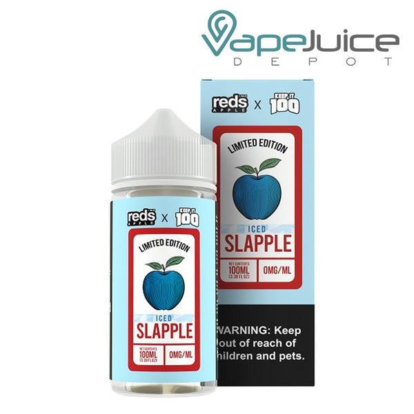 A 100ml bottle of Slapple Iced 7 Daze Reds X Keep It 100 eLiquid and a box with a warning sign next to it - Vape Juice Depot