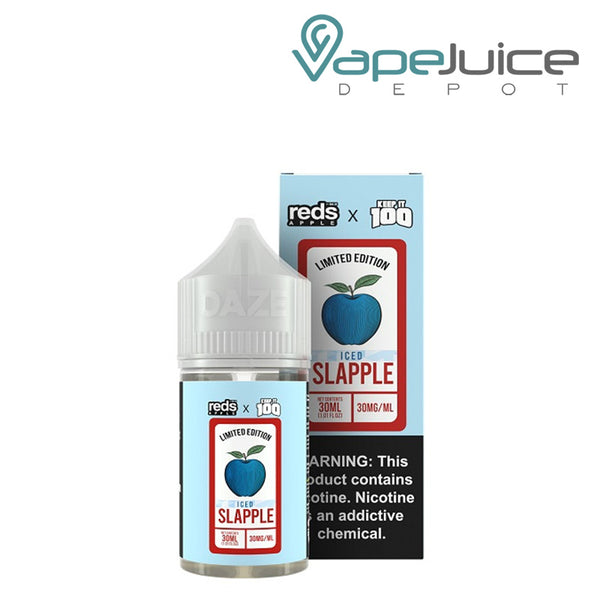 A 30ml bottle of Slapple Iced 7 Daze Reds x Keep It 100 Salt and a box with a warning sign next to it - Vape Juice Depot
