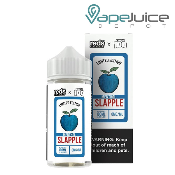 A 100ml bottle of Slapple Menthol 7 Daze Reds X Keep It 100 eLiquid and a box with a warning sign next to it - Vape Juice Depot
