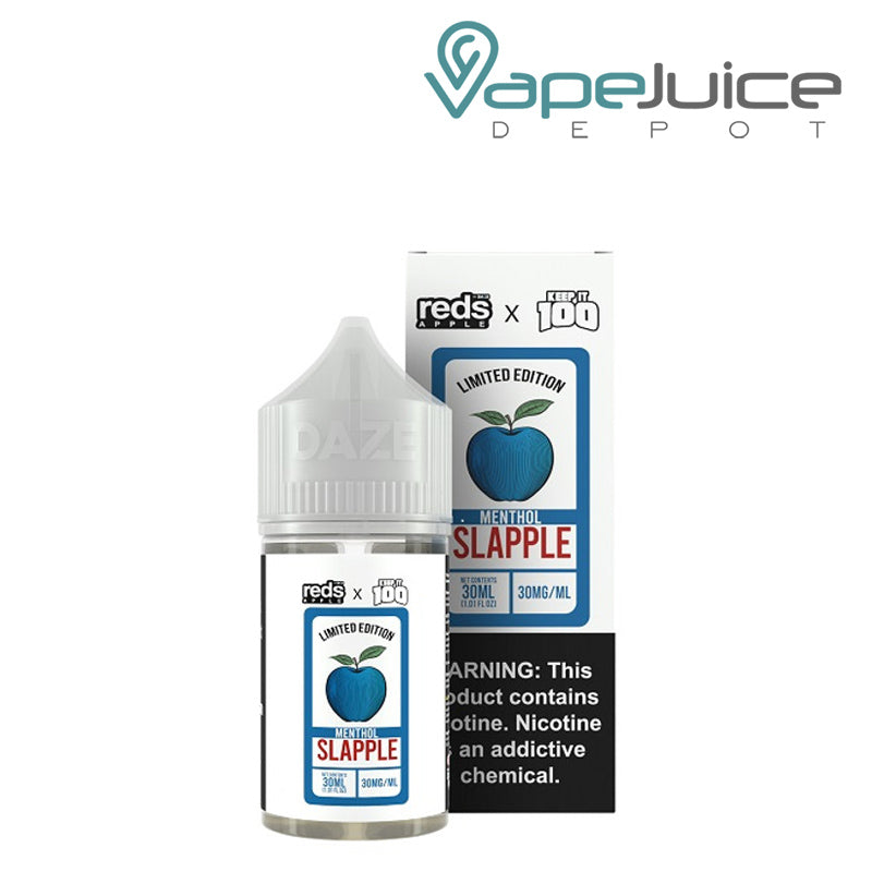 A 30ml bottle of Slapple Menthol 7 Daze Reds x Keep It 100 Salt and a box with a warning sign next to it - Vape Juice Depot