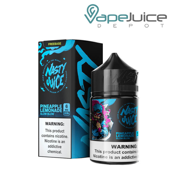 A box of Slow Blow Nasty Juice with a warning sign and a 60ml bottle next to it - Vape Juice Depot