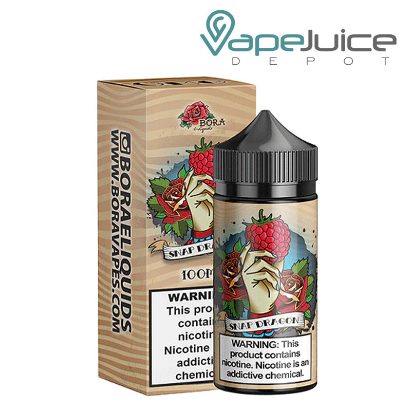 A box of Snap Dragon Bora eLiquid with a warning sign and a 100ml bottle next to it - Vape Juice Depot