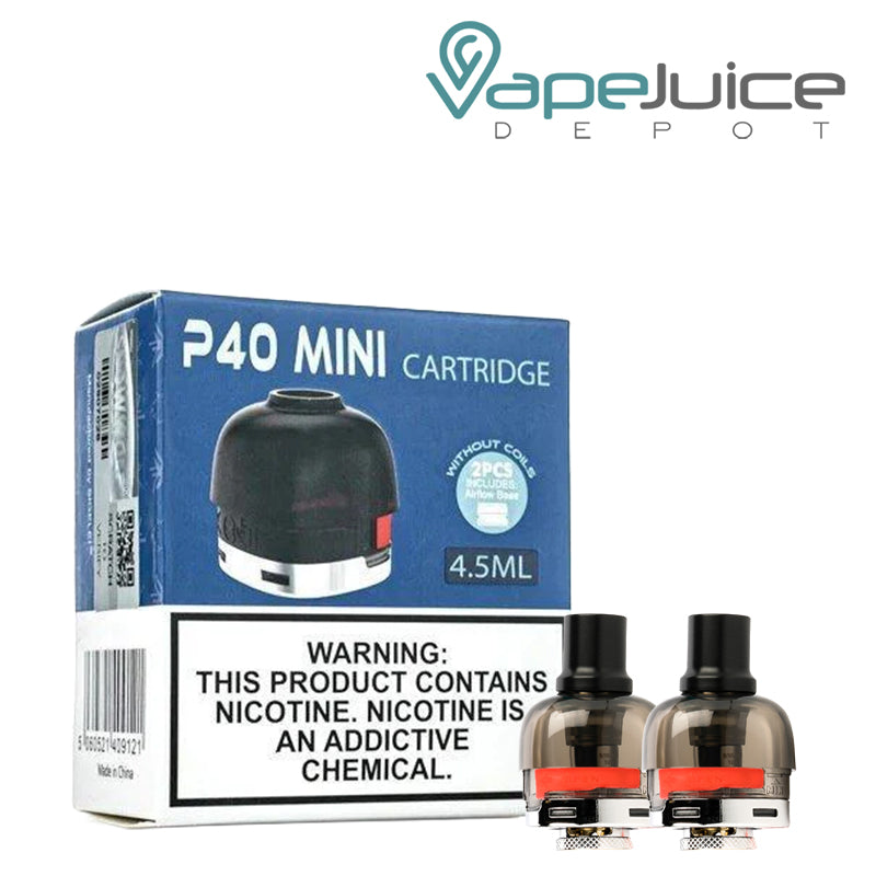 A Box of Snowwolf P40 Mini Replacement Pod with a warning sign and a pods next to it - Vape Juice Depot