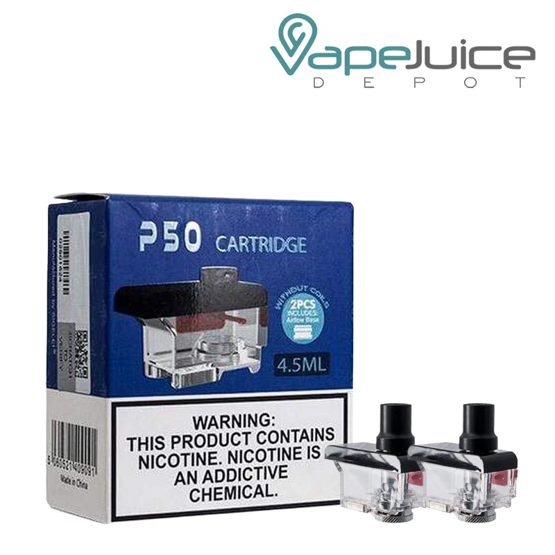 A Box of Snowwolf P50 Replacement Pod with a warning sign and a pods next to it - Vape Juice Depot