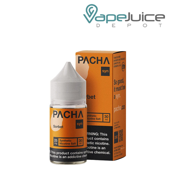 A 30ml bottle of Sorbet PachaMama Salts and a box with a warning sign next to it - Vape Juice Depot