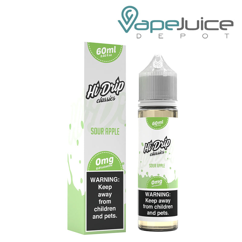 A box of Sour Apple Hi-Drip Classics with a warning sign and a 60ml bottle next to it - Vape Juice Depot