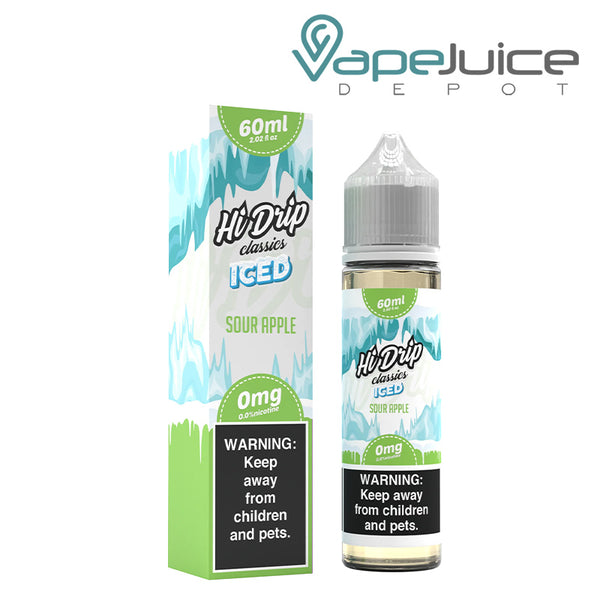 A box of Sour Apple Iced Hi-Drip Classics with a warning sign and a 60ml bottle next to it - Vape Juice Depot