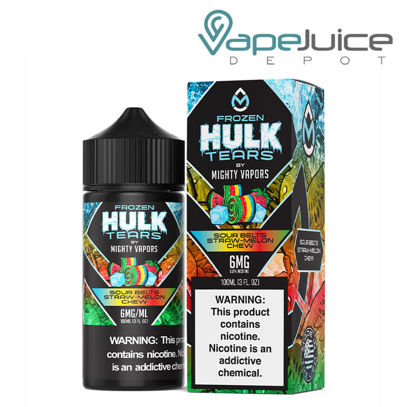 A 100ml Bottle of Sour Belts Straw Melon Chew Hulk Tears next to its box with a warning sign - Vape Juice Depot