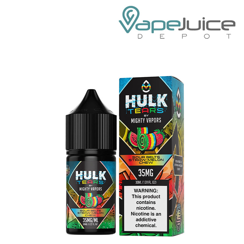 A 30ml Bottle of Sour Belts Straw Melon Chew Hulk Tears Salts next to its box with a warning sign - Vape Juice Depot