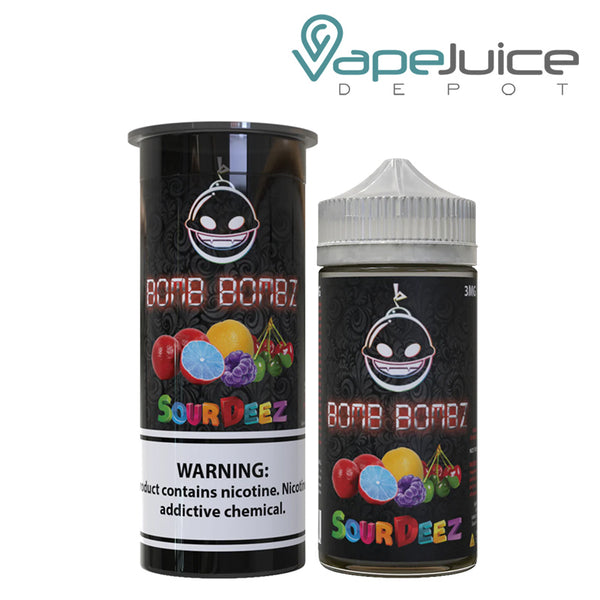 A box of Sour Deez Bomb Bombz eLiquid with a warning sign and a 100ml bottle next to it - Vape Juice Depot
