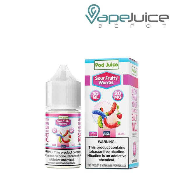 A 30ml bottle of Sour Fruity Worms Pod Juice TFN Salt with a warning sign and a box next to it - Vape Juice Depot