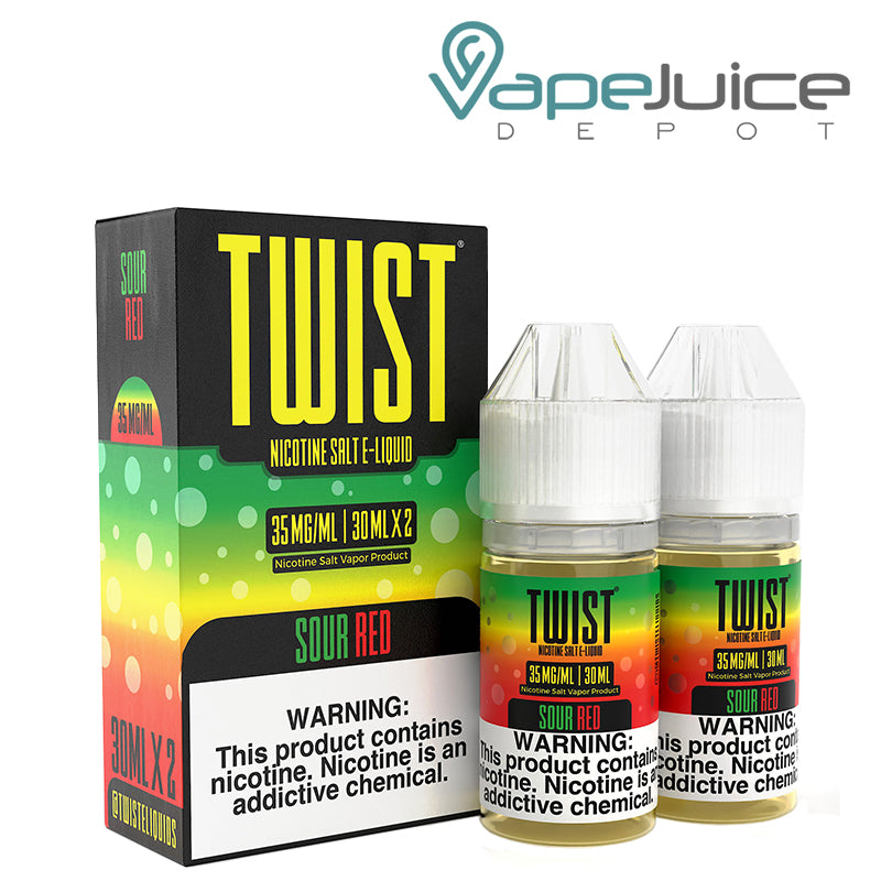 A box of Sour Red Twist Salt 35mg E-Liquid with a warning sign and two 30ml bottles next to it - Vape Juice Depot