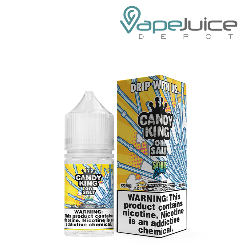 A 30ml bottle of Sour Straws Candy King On Salt and a box with a warning sign - Vape Juice Depot