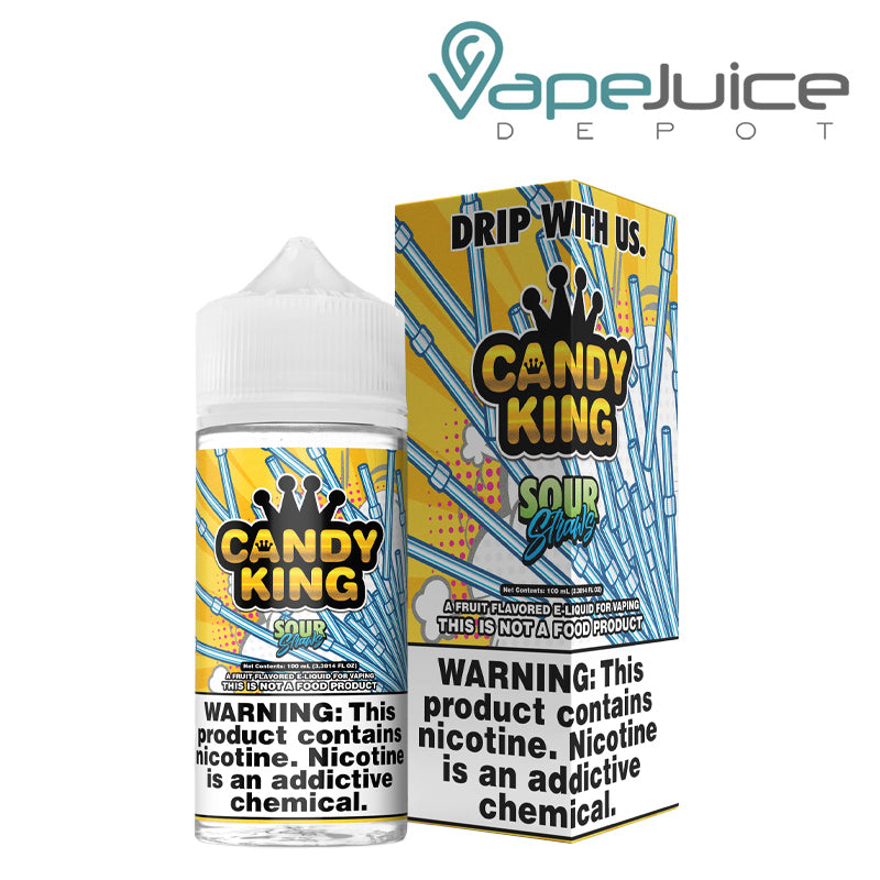 A 100ml bottle of Sour Straws Candy King eLiquid and a box with a warning sign next to it - Vape Juice Depot