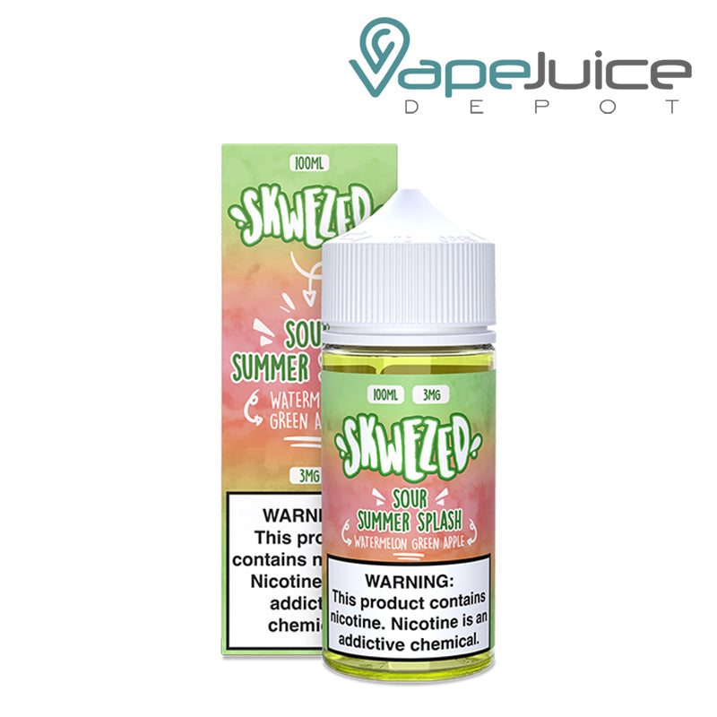 A box of Sour Summer Splash Skwezed eLiquid with a warning sign and a 100ml bottle next to it - Vape Juice Depot