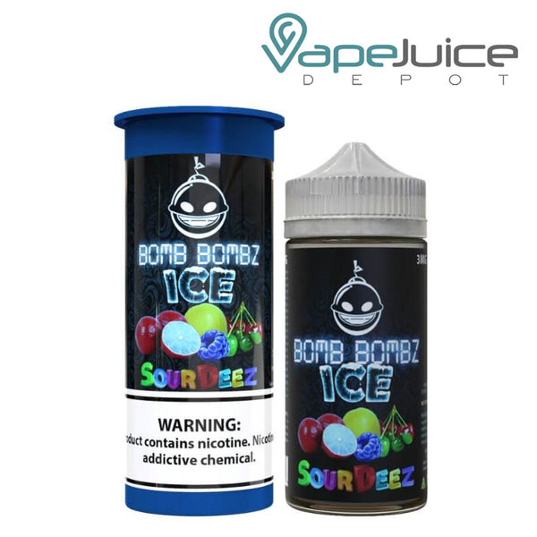 A box of Sour Deez ICE Bomb Bombz eLiquid with warning sign and a 100ml bottle next to it - Vape Juice Depot