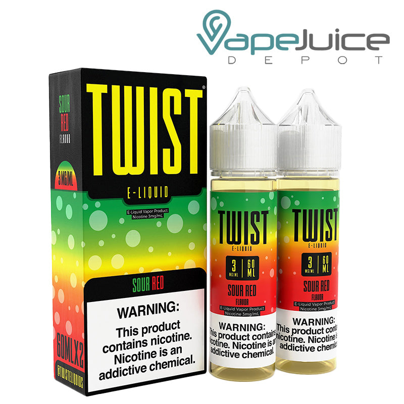 A box of Sour Red Twist 3mg E-Liquid 120ml with a warning sign and two 60ml bottles next to it - Vape Juice Depot