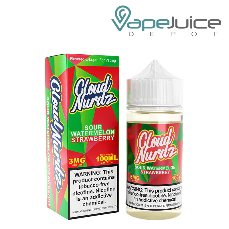 A 100ml bottle of Sour Watermelon Strawberry TFN Cloud Nurdz and a box with a warning sign next to it - Vape Juice Depot