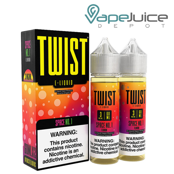 A box of Space No 1 Twist 3mg E-Liquid with a warning sign and two 60ml bottles - Vape Juice Depot