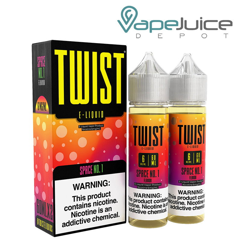 A box of Space No 1 Twist 6mg E-Liquid with a warning sign and two 60ml bottles - Vape Juice Depot